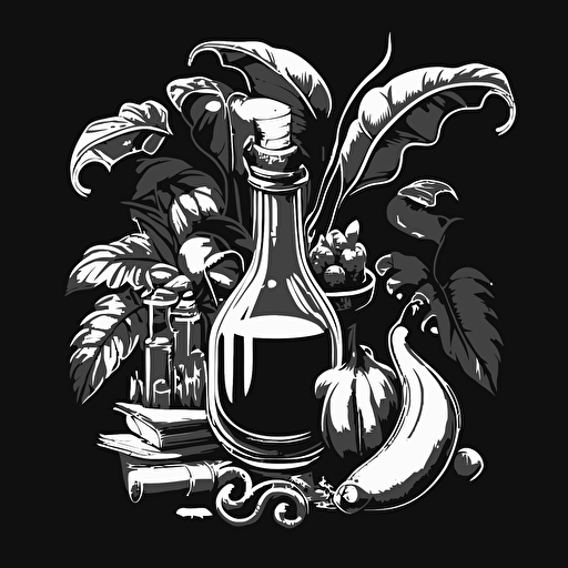 black and white vector illustration of a bunch of bananas and a magic potion day time
