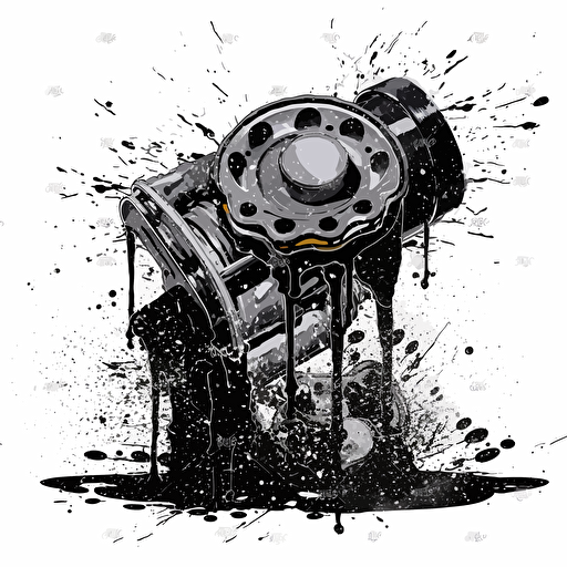 car engine piston with splattered ink behind it all black and white contour vector design with solid background