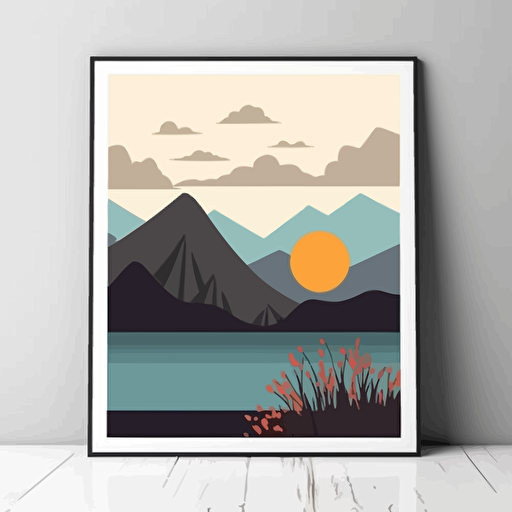 Landscape Vector Art Poster, Minimalist Landscape, Sun, Nature, Wall Art Decor, AI Wall Art