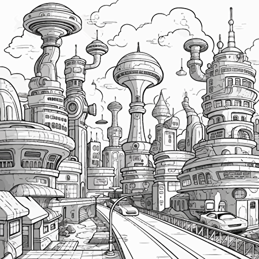Futuristic City. Cartoon. Coloring page. Vector. Simple.