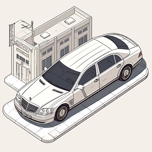isometric world, two-tone 2003 Maybach 57, parked on street in Chicago, in the style of Matthew Skiff illustrations, in the style of Christopher Lee illustrations, in the style of Jonathan Ball illustrations, simple, rough-edged drawing, vector illustration, flat art,