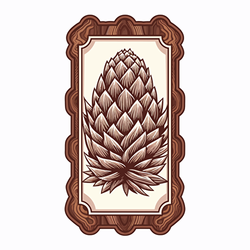Vector rectangle cartoon wooden carved sign FRAME crest of a pine cone white background