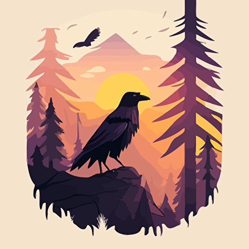 a raven on forest trail. forest, mountain line, sunset. Cute, happy, vector, game design.
