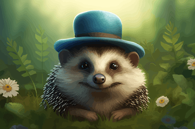 In a vector style, a stylish hedgehog in an elegant blue hat stands with a charming smile on his face. His round, black eyes shine with a glint of mischief as he looks at the viewer with confidence and curiosity. His hands are placed behind his back, emphasizing his poised and dignified attitude. The hedgehog stands in a lush green meadow surrounded by tall grasses and wildflowers of various colors, creating a vibrant and animated backdrop for the scene. The air is filled with the sweet scent of blooming flowers and the buzz of bees in the distance. The atmosphere is playful and light, with a sense of carefree joy and tranquility. The lighting is soft and warm, casting a golden glow over the scene, with soft sunlight filtering through the trees in the distance. The overall effect is one of enchanting beauty and serenity, with the hedgehog being the centerpiece of this charming woodland scene.
