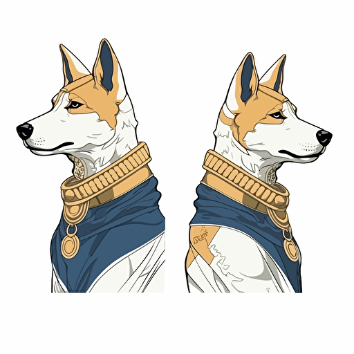 2/3 left side profile shot head and body, cartoon 2d, Shiba Inu pharaoh oufit, cartoon anime, Vector illustration, white background
