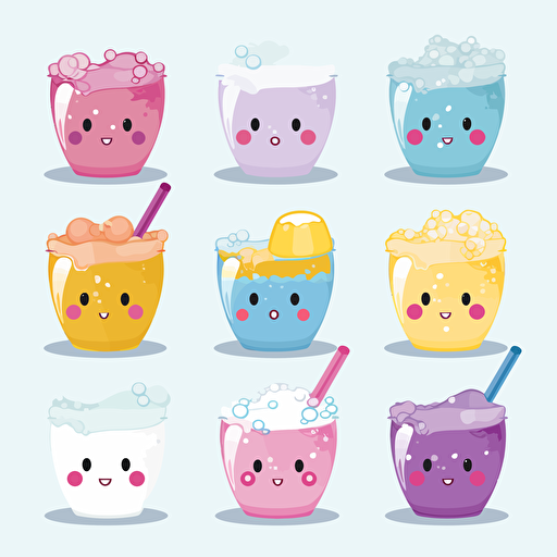 Kawaii drink bubbles, flat, 2D, vector, 16 colors, white background, in anime chibi style