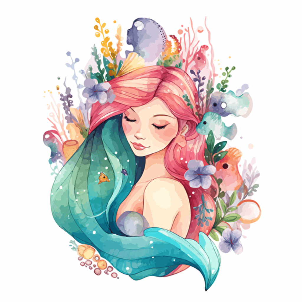 mermaid, detailed, cartoon style, 2d watercolor clipart vector, creative and imaginative, floral, hd, white background