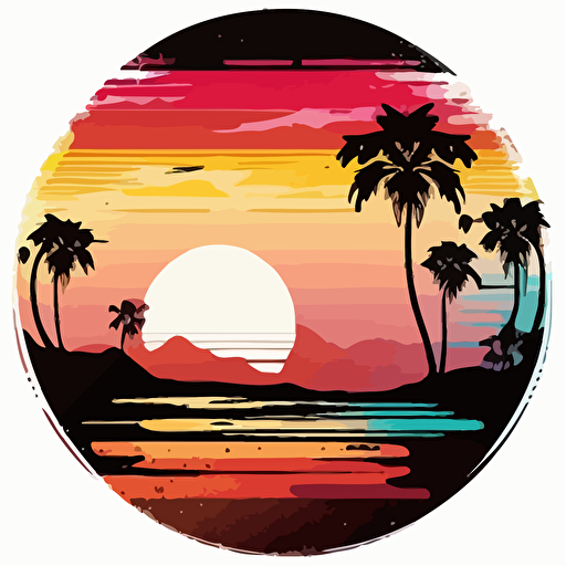 Retro sunset beach view, primary sunset colors in round silhouette melting at the bottom of the image, flat image, vector style