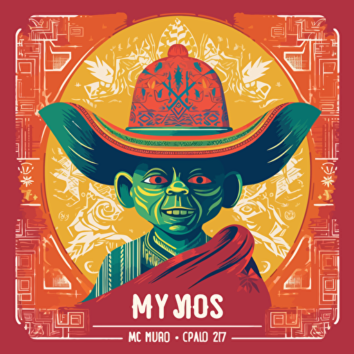 A poster for an event celebrating Cinco De Mayo featuring yoda dressed in traditional mexican attire, papel picado, tacos, churros, colorful and bright, spring colors, high-resolution, 18 inches x 24 inches, vector illustration