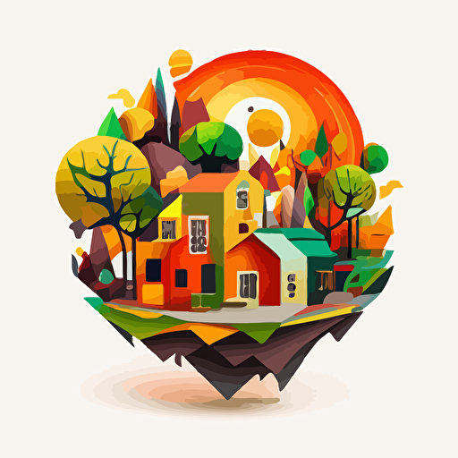 a 180°C geometric shape that explodes with a small town inside. Nature is represented. Vector and childish style. Very colored. white background without shadow.