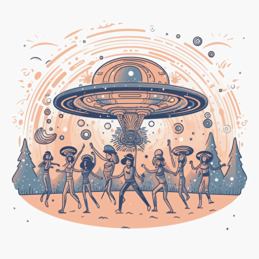 a group of hippies and ravers dancing under the lights of a ufo, design, trippy, 2d, vector, white background