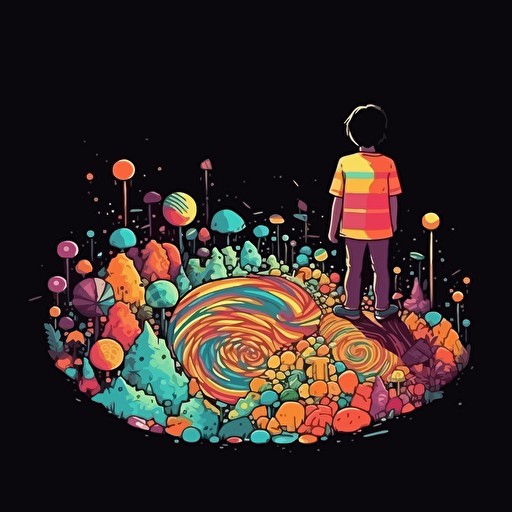 2d, vector quality, minimalistic, child exploring a world made of candy, on black background