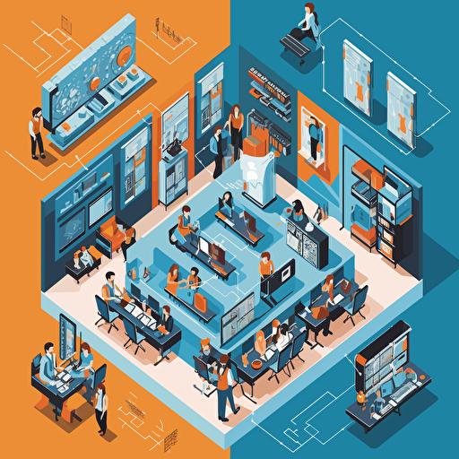 college of the future with students using new technology, vector illustration