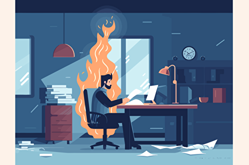 Person in an office burning money, flat style illustration for business ideas, flat design vector, industrial, light and magical, high resolution, entrepreneur, colored cartoon style, light indigo and dark indigo, cad( computer aided design) , white background