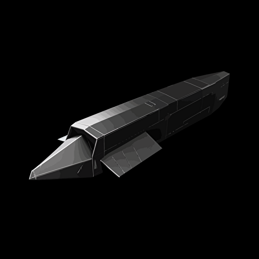 long rectangular prism shaped spaceship on black background, 2d vector, gray tones