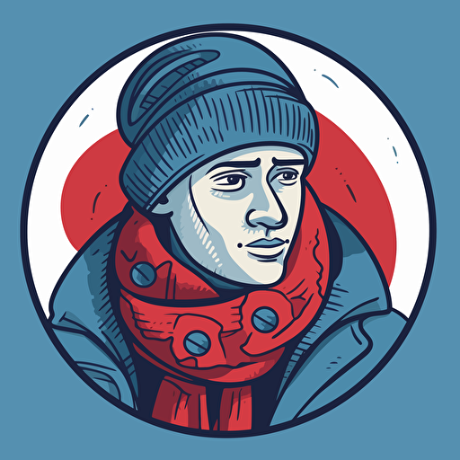 A man in a blue scarf, has a cold, with a red nose. Outline simplified, stylized cartoon illustration with vector fills.