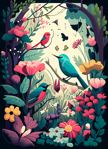 paint a whimsical garden scene filled with flowers, butterflies, and birds, vector style