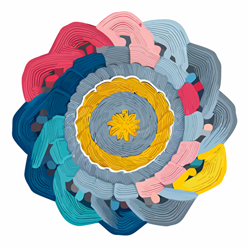 a simple vector logo of a mandala made from yarn, in blue, yellow, pink and gray