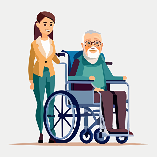 vector, female smiling caretaker, old man in wheelchair, white background
