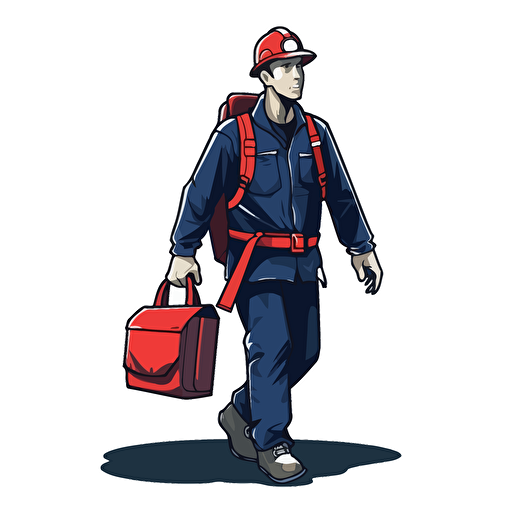 vector illustration ofa field engineer wearing a white hardhat, dark blue jacket, and work shoes, gripping a flashlight, accompanied by a red bag hanging from their arm, small head. PPT style cartoon, Extreme simple. no Background color.