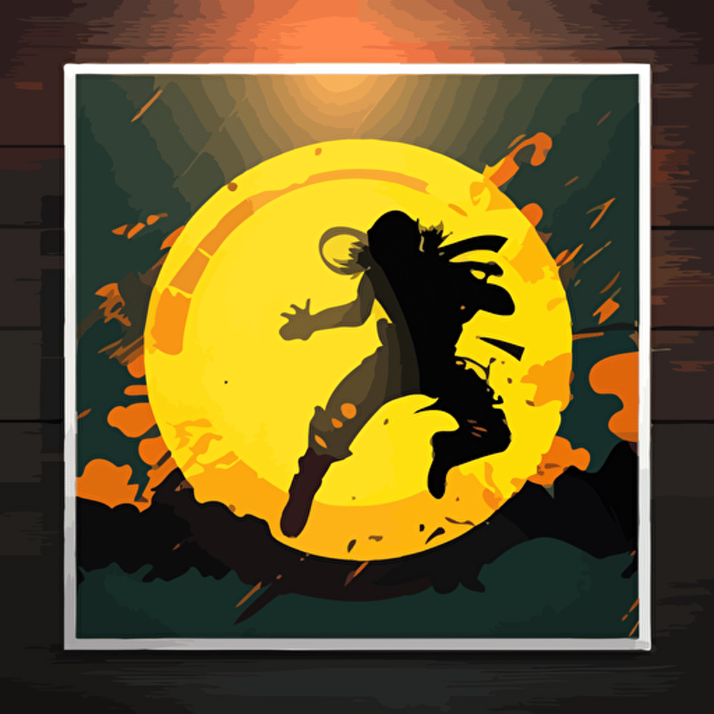 vector poster, ninja, roundhouse kick, in front of large sun background v 5