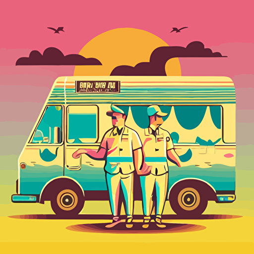 two ice-cream food truck workers, standing on evening beach, vector style