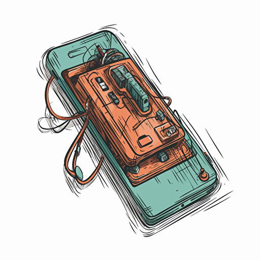 a colorful line drawing of a smartphone that is also a mouse trap, vector grarphic, hand drawing,