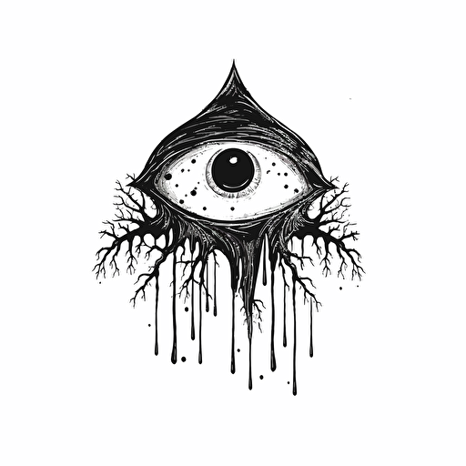 flat vector, occult, logo, black and white, cresent black moon, black stylized moon, eye, moon, tree black tears, with the word: volva