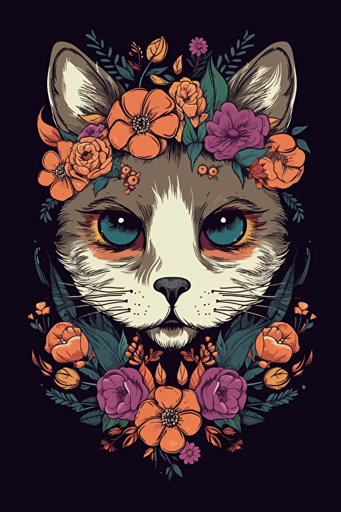 cat , flowers, boho color, Timba Smits style, vector, 2d,