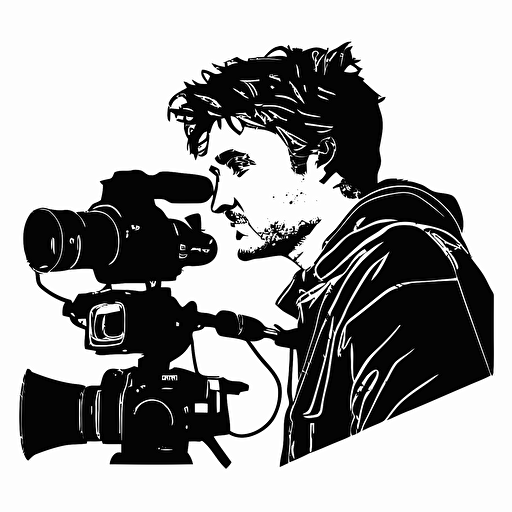 silhouette of male filmmaker, line drawing, simple, white background, vector style