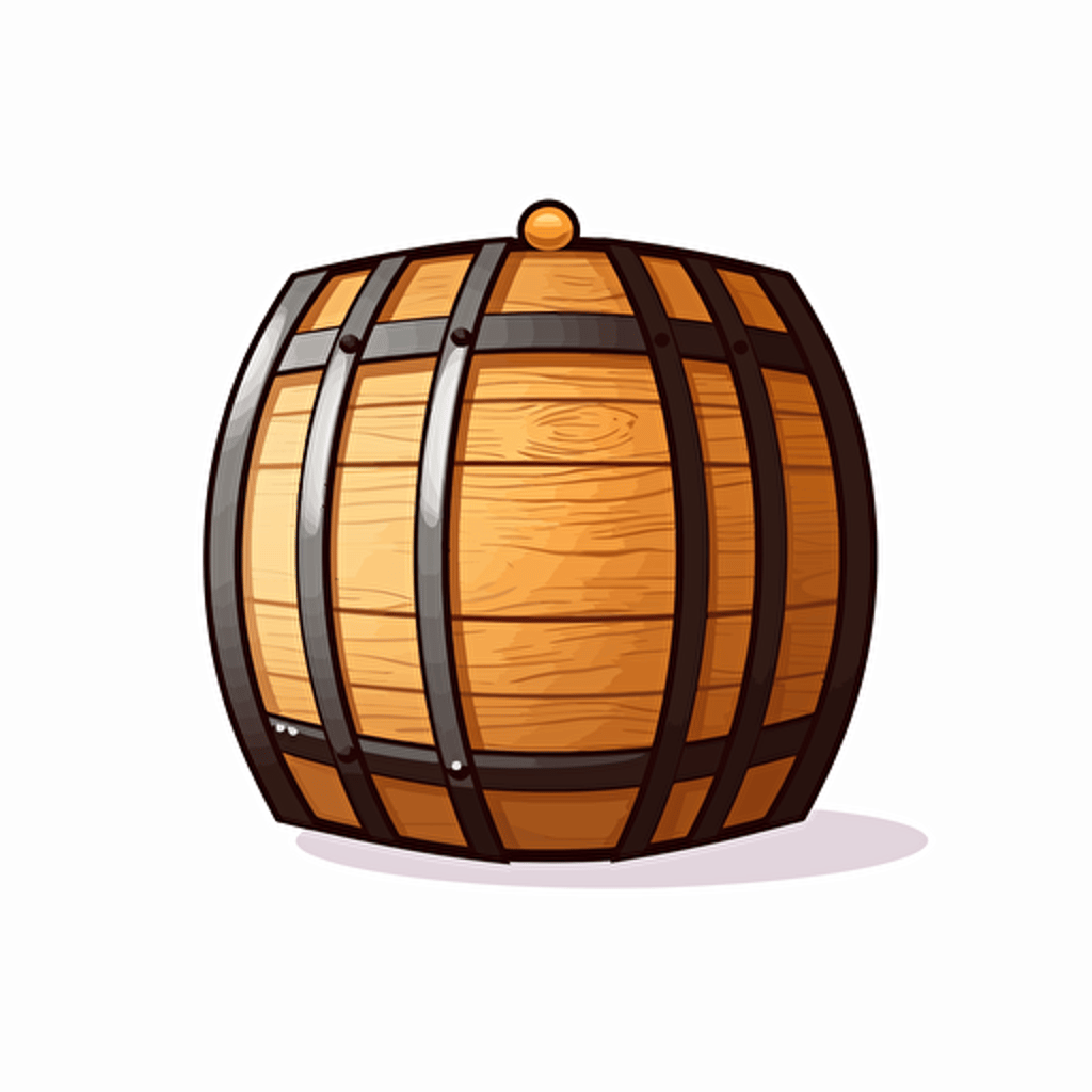 single wooden barrel, simple forms, flatart, 2D vector style, cartoon, white background, side view