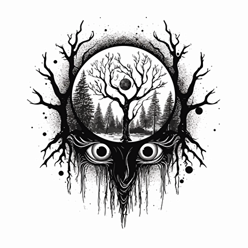 flat vector, occult, logo, black and white, ink style, cresent black moon, black stylized moon, eye, goat eye, moon, tree black tears, with the word: volva