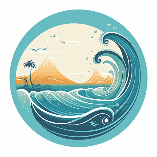 stylized beach scene inside a token circle, vector style logo, blue sea colour background, swirls wrapped around the beach, HD