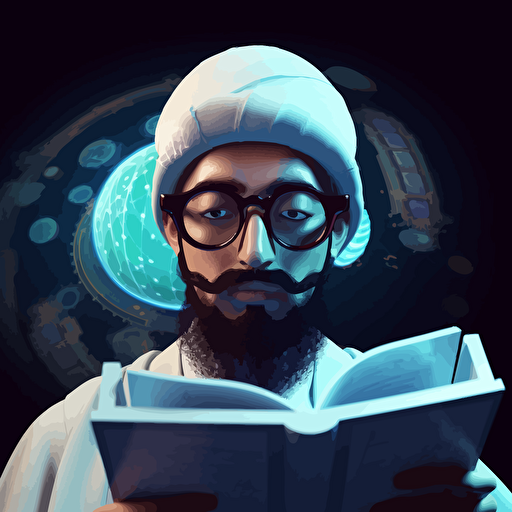 a claymation style easily vectorizable time traveling, handsome sunni sufi muslim conquerer from the future, his glasses have an intense and futuristic looking HUD overlay as he studies his surroundings. there is a hologram of an arabic book floating over his right shoulder. image should be easily vectorizable