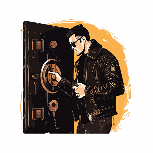 concept art, vector drawing, simple background, man in leather jacket cracking a safe