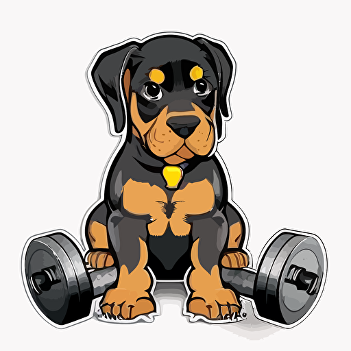 vector happy Doberman puppy sitting next to a dumbell sticker+ white background + vibrant black and brown and yellow+ cartoon