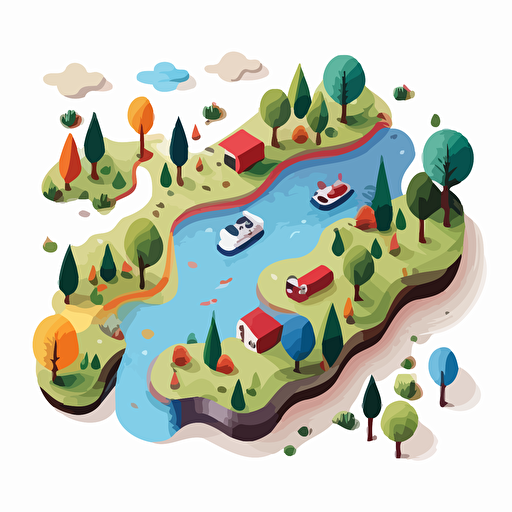 aerial shot of a river, white background, childrens book flat color vector art