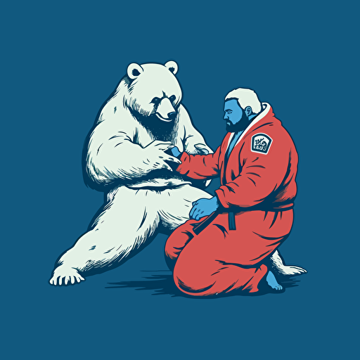 Bear taking down another bear with single leg takedown holding one leg in between its own, wearing jiu jitsu clothes, vector animation illustration, 4 colors limit, solid background, high resolution