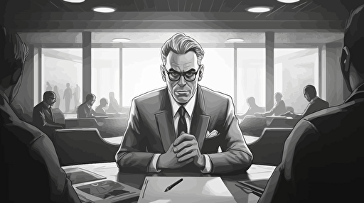 storyboard style, grayscale, vector drawing, shows serious looking CEO (age around 50 years) male sitting in modern meeting room alone, daytime, wearing expensive suit and glasses, holds ipad in front of his face, frowns, medium shot,