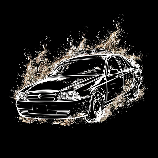 police car on fire in Mile Giants style of drawing, white on black background, no shading, 2D, vector,