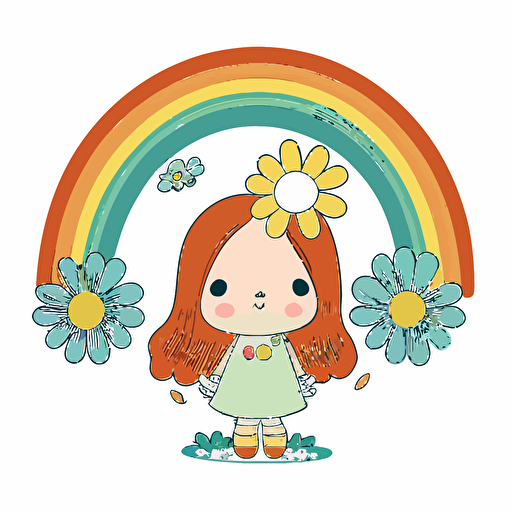 vector flat illustration of a cartoon daisy with eyes and hands on a white background and a rainbow behind her in the hippie style of the 60s