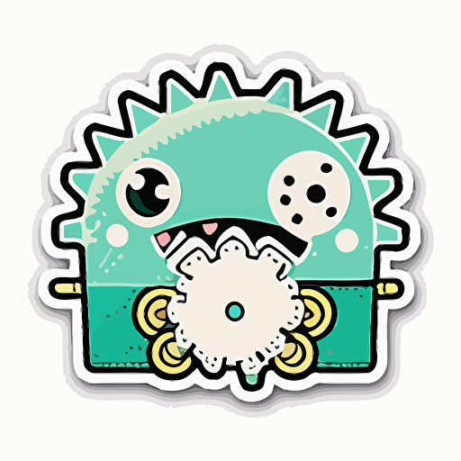 die-cut sticker, cute kawaii megalomaniac grinding gears sticker, white background, illustration minimalism, vector, oceanic tones.