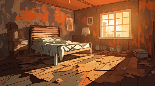 illustration, vector, old orange decrepit bedroom with old floorboards, 2d animation background