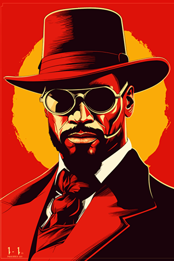jamie foxx django unchained wearing round red glasses, front view, yellow sun behind him, poster, vector, gritty, detailed, red background,