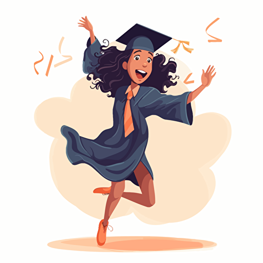 vector illustration of a happy young girl jumping in graduation cap and gown