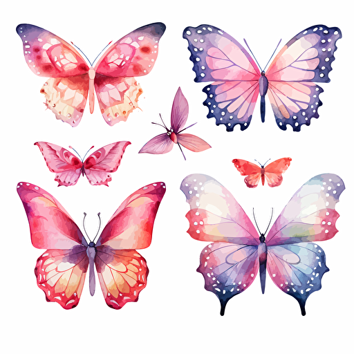whimsical watercolor illustration of butterflies in hues of pink, blush, magent, vector on white background