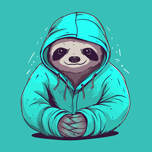 Cute simple vector image, of sloth holding in a hoodie, holding computer, cyan color scheme,
