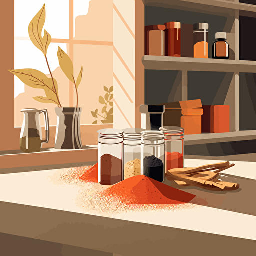 A minimalist vector illustration of indian spice in a kitchen. Strong light and shadow. Style of Malika Favre and Owen Davey