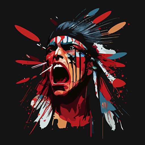 Native American warrior screaming with war paint on face, vector, flat, clean design, two feathers in hair**