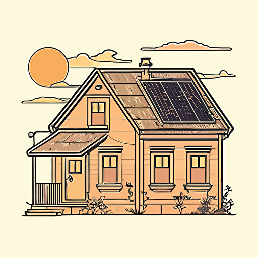 minimalist line drawing vector sticker, small house with solar panels during sunset